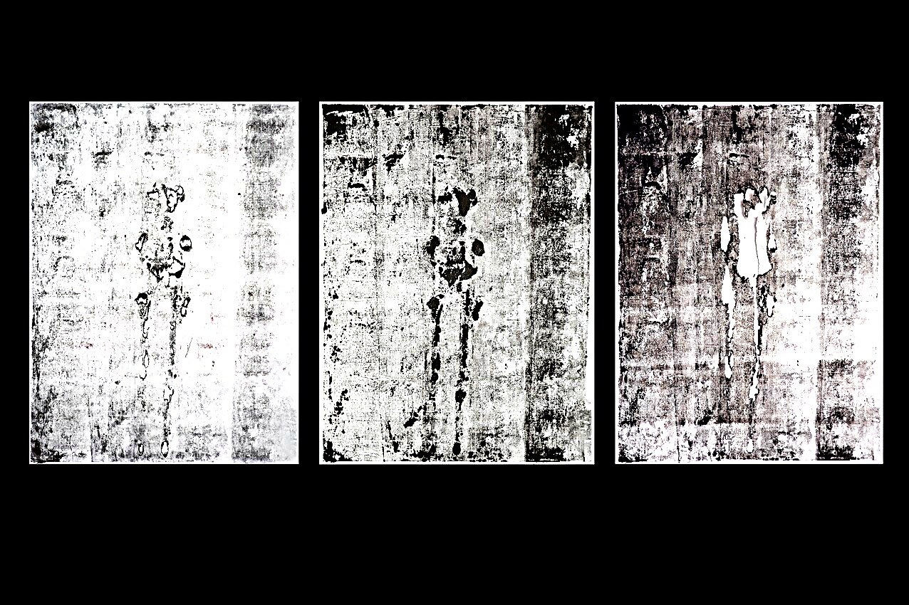 Assembly X, triptych, three faint figures, monotype