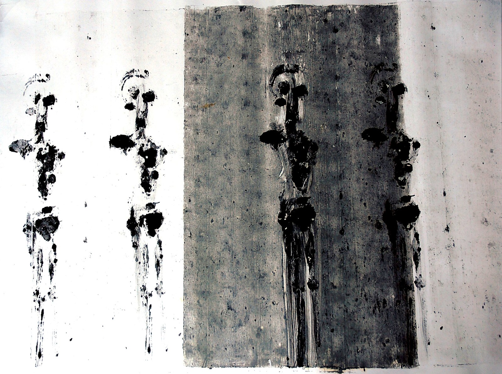 Assembly III, figures on light and dark panels, black ink monotype