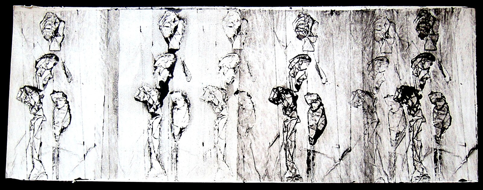 Assembly V, long frieze of small figures, black ink monotype