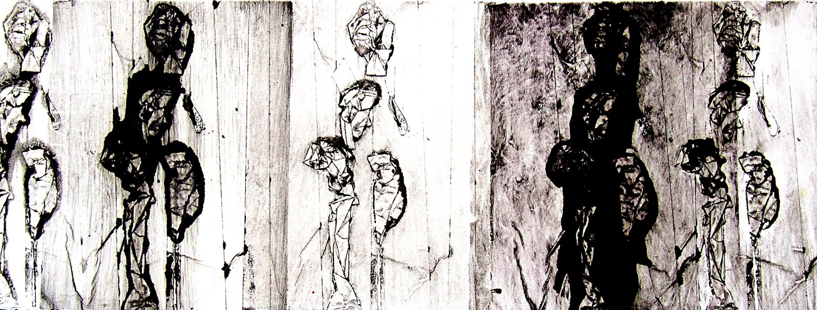 Assembly VI, figures with round shields, black ink monotype