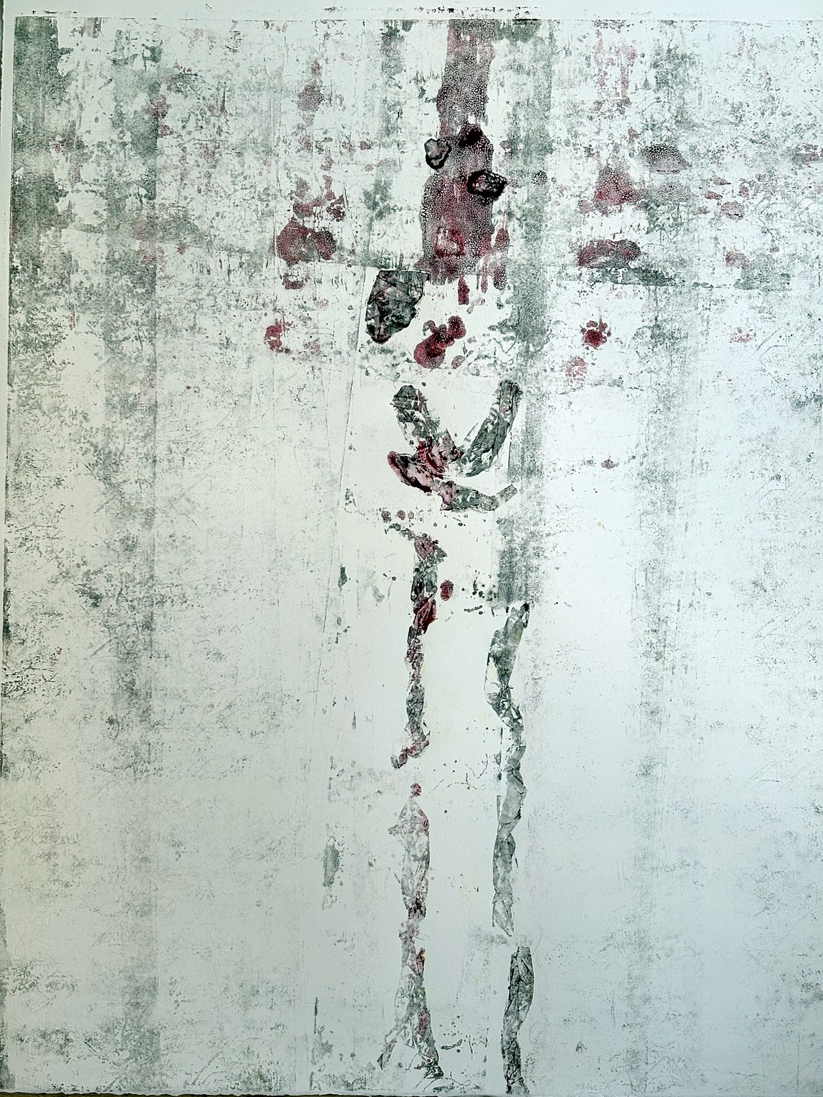 Trace IV, standing figure, black and carmine ink monotype